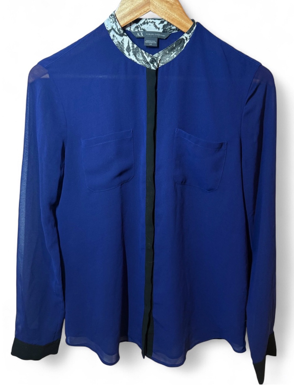 AX Armani Exchange Cobalt Blue Sheer Button Front Blouse Snake Print Collar - S